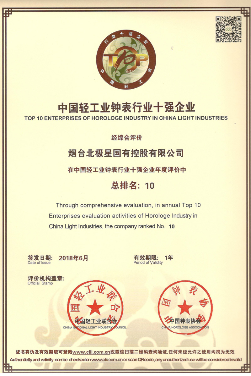 北極星鐘表榮獲“中國(guó)輕工業(yè)鐘表行業(yè)十強(qiáng)企業(yè)”和“中國(guó)知名時(shí)鐘品牌”榮譽(yù)